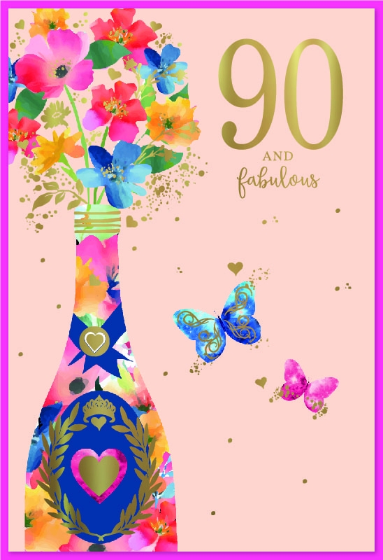 AGE 90 CARDS, Female Floral Wine Bottle & Butterflies [Packs Only]