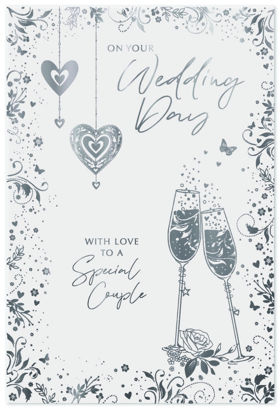WEDDING DAY CARDS, Flutes, Hearts & Foliage Border [Packs Only]
