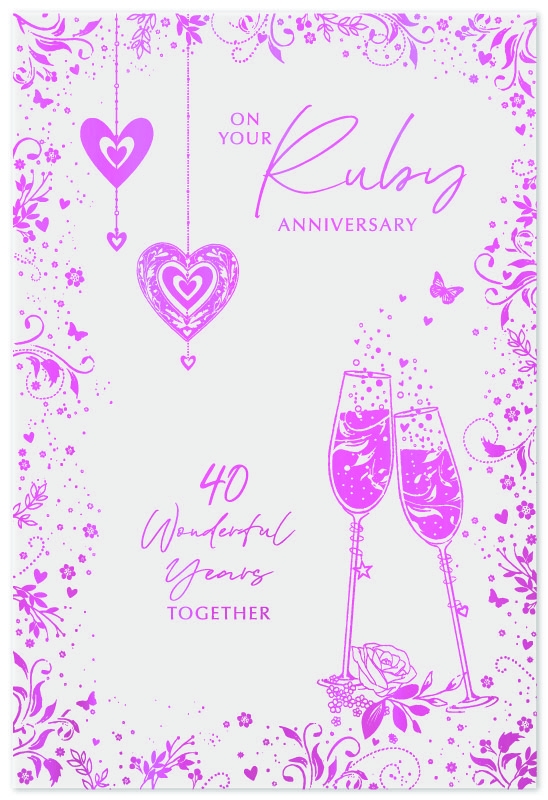 ANNIVERSARY CARDS, Ruby, Flutes, Hearts & Foliage Border [Packs Only]