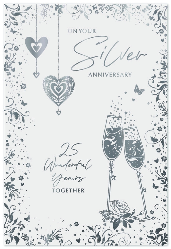 ANNIVERSARY CARDS, Silver, Flutes, Hearts & Foliage Border [Packs Only]