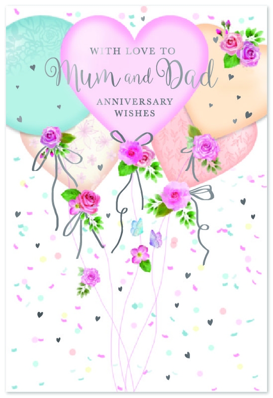 ANNIVERSARY CARDS, Mum & Dad, Balloons, Roses & Confetti [Packs Only]