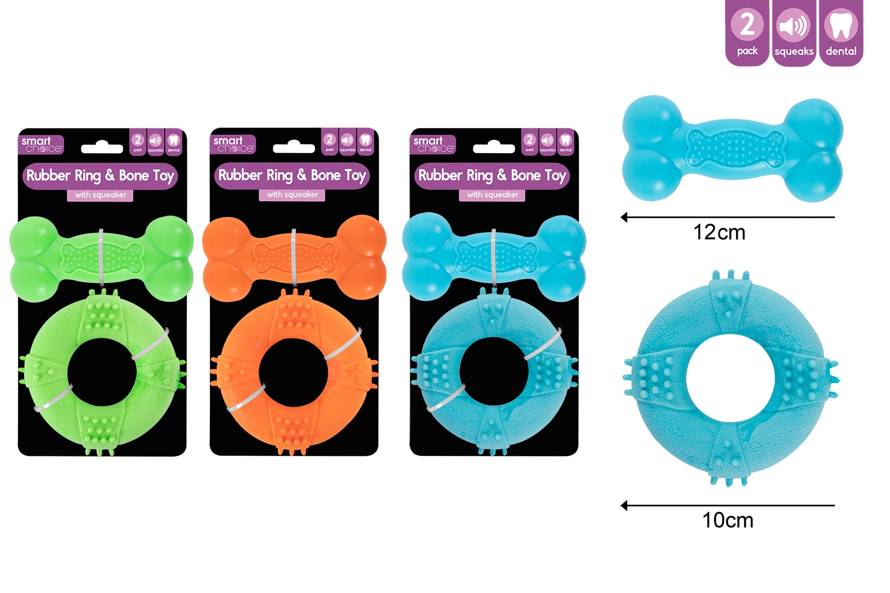 DOG TOY,Squeaky Rubber Ring & Bone 10cm & 12cm Assorted Colours I/cd [Packs Only]