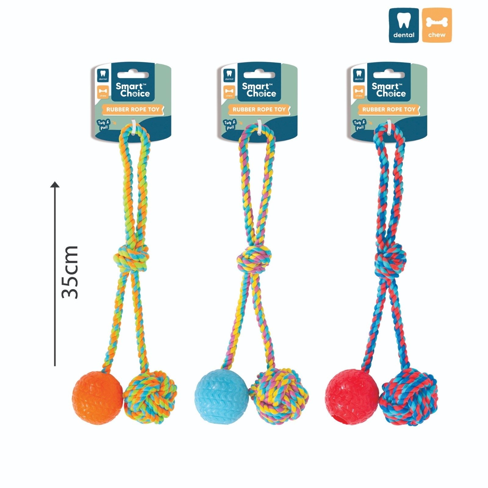 DOG TOY,Rubber Ball & Rope 35cm Assorted Colours H/pk [Packs Only]