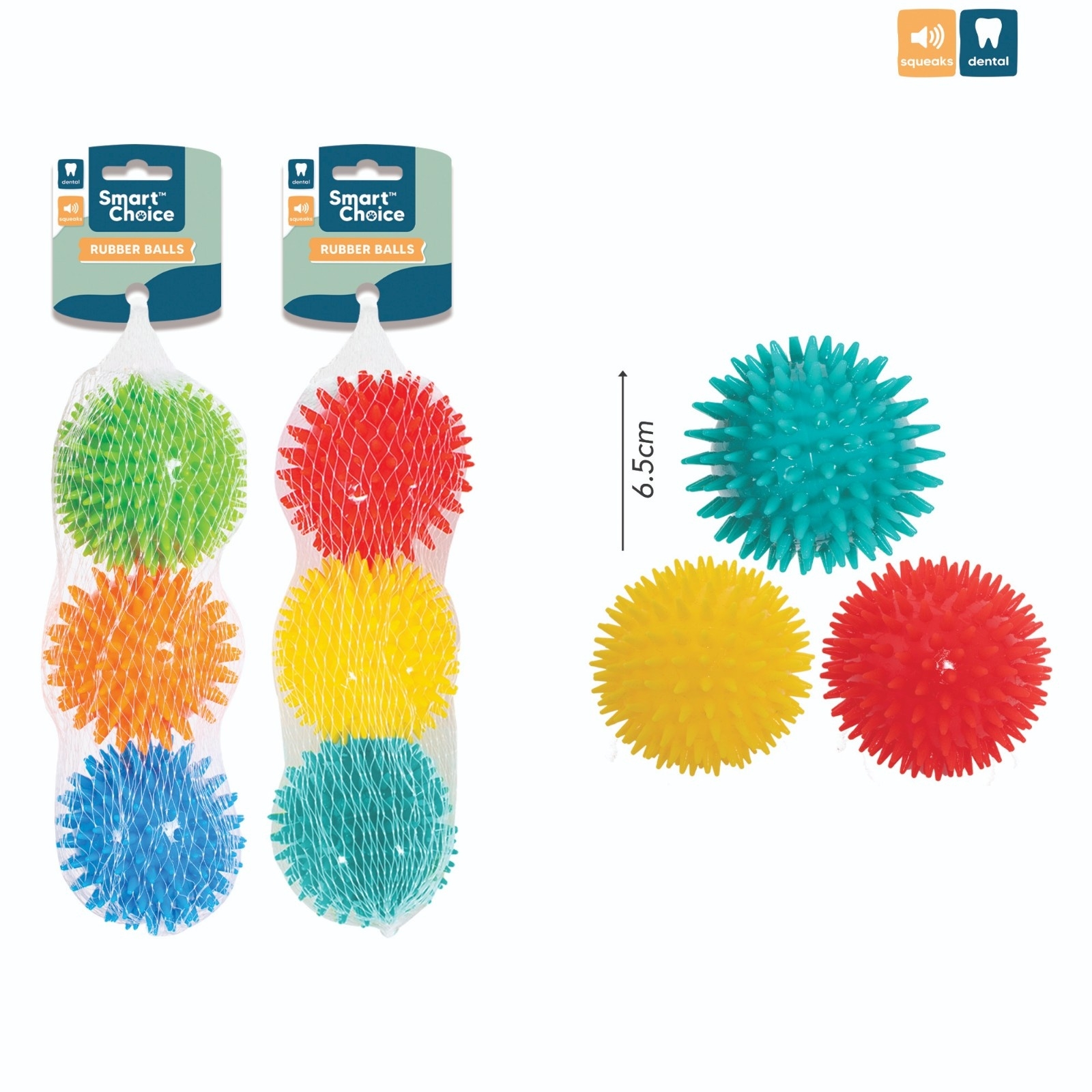 DOG BALLS,Squeaky Spiky Rubber 6.5cm 3`s H/pk [Packs Only]