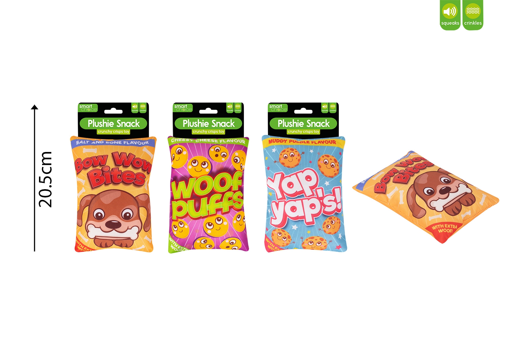DOG TOY,Plush Crisp Packet, Squeaks & Crinkles Assorted 20.5cm H/pk [Packs Only]