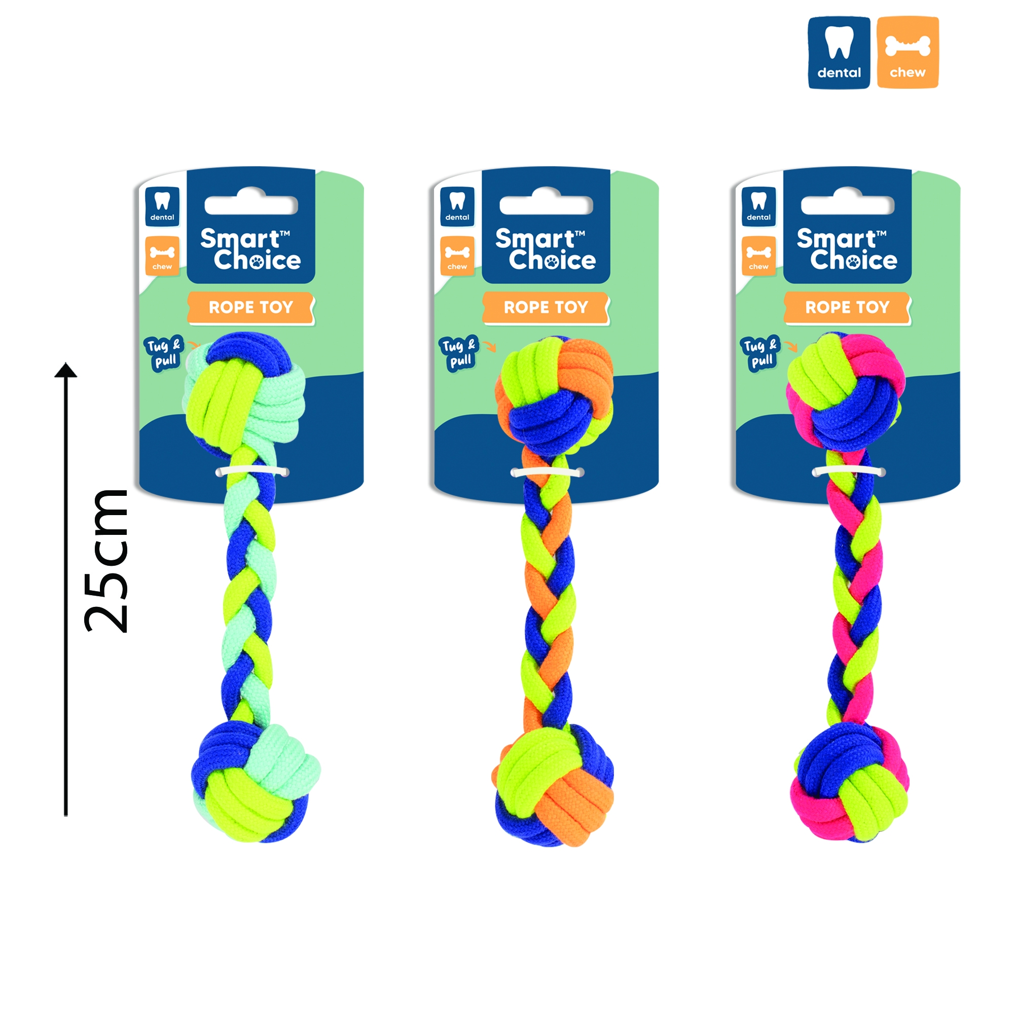 DOG TOY,Dumbbell Rope 25cm Assorted Colours H/pk [Packs Only]