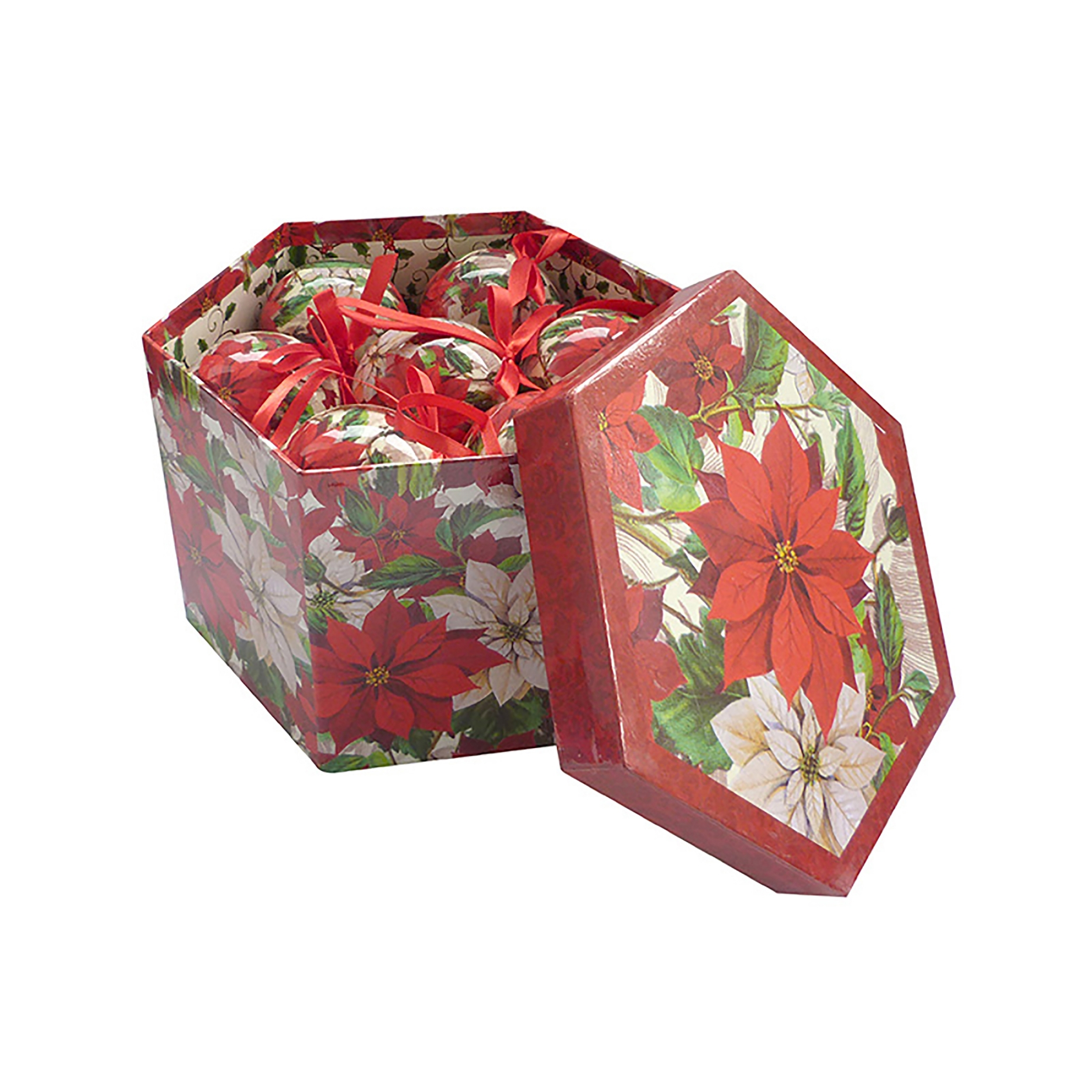 TREE DECORATION,Bauble Decoupage,Poinsettia 2 Assorted Designs 75mm [Packs Only]