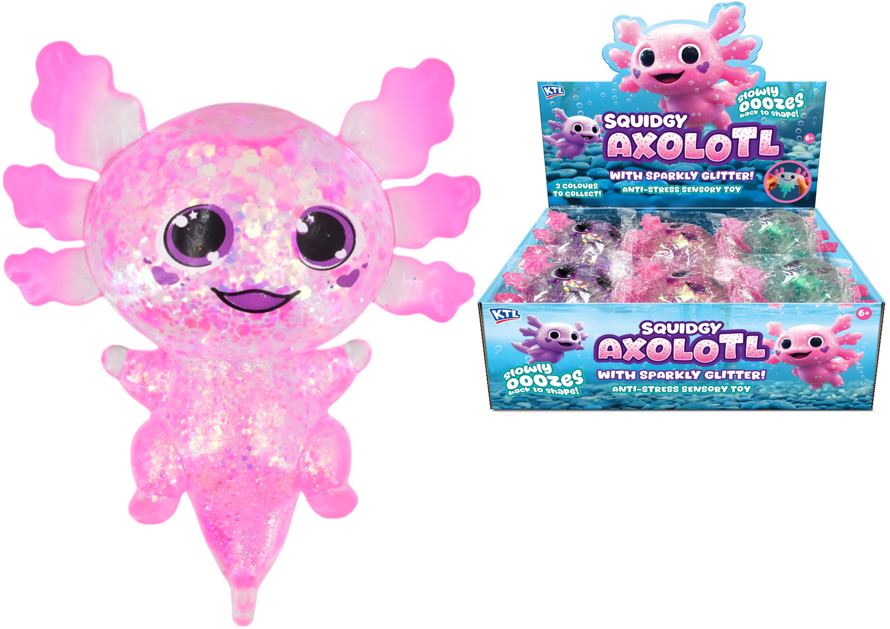 SQUIDGY AXOLOTL,Slowly Oozes back to shape, with sparkly glitter. 3 Assorted Colours CDU [Packs Only]