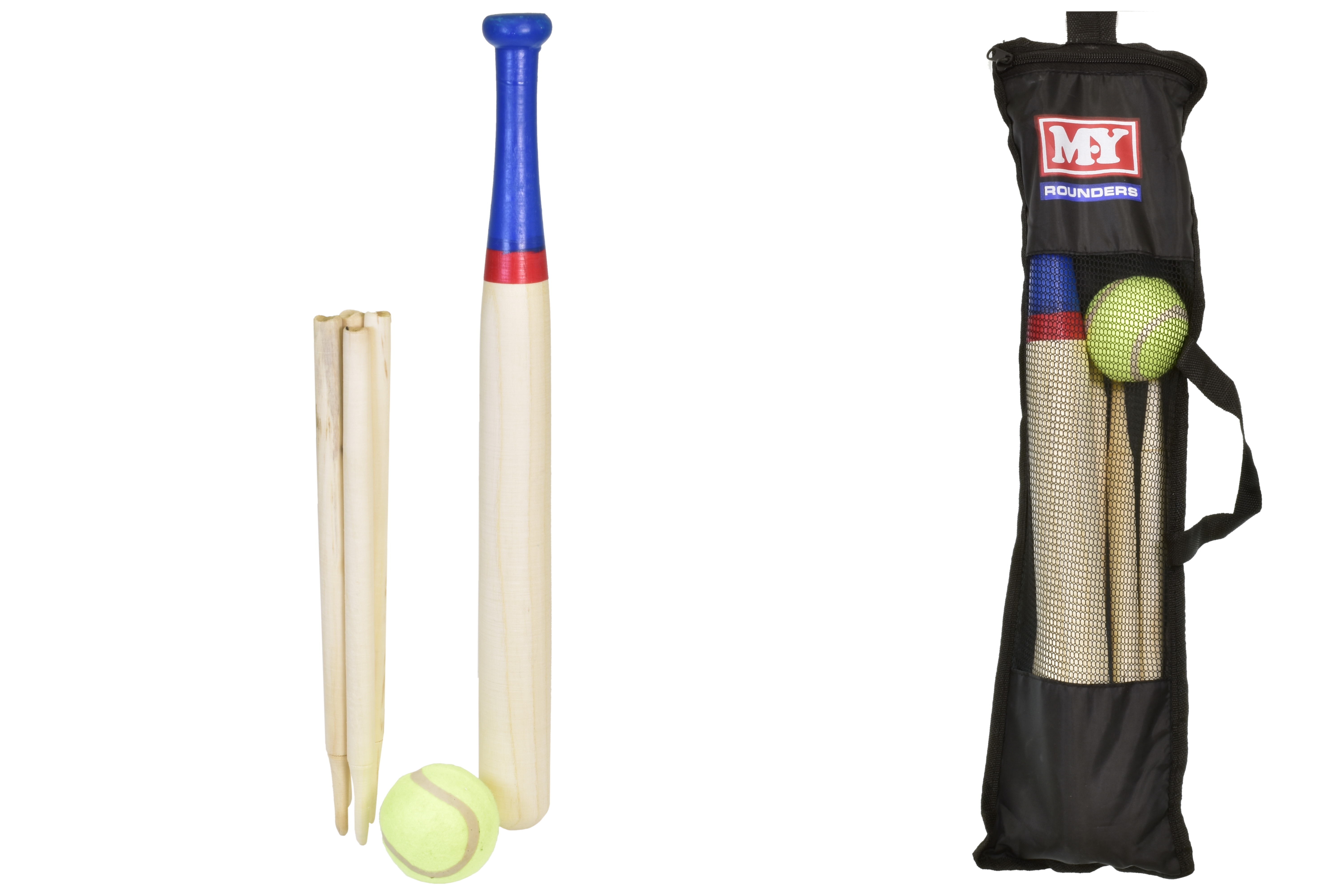 ROUNDERS SET,Wooden Bat, Ball & Bases In Mesh Carry Bag. MY [Spittable]