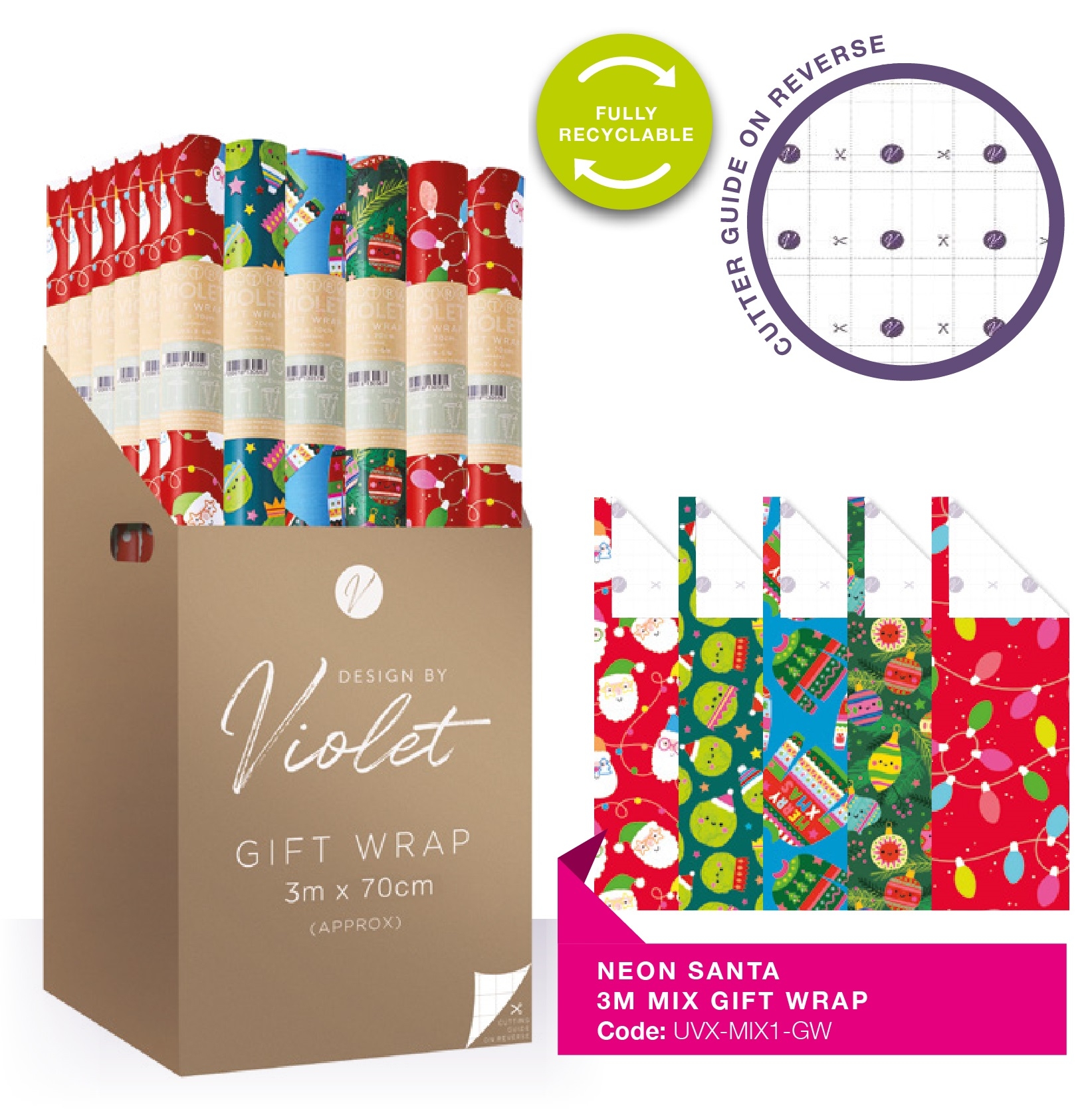 XMAS ROLLWRAP,3m Neon Santa 5 Assorted [Packs Only]