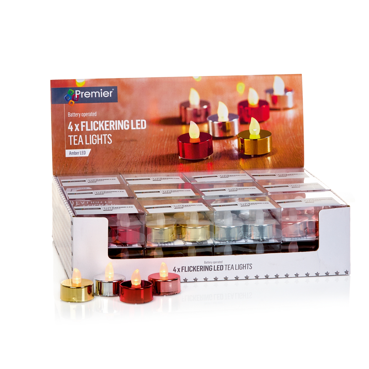 TEALIGHT,Flickering LED 4`s 4 Assorted Colours CDU [Splittable]