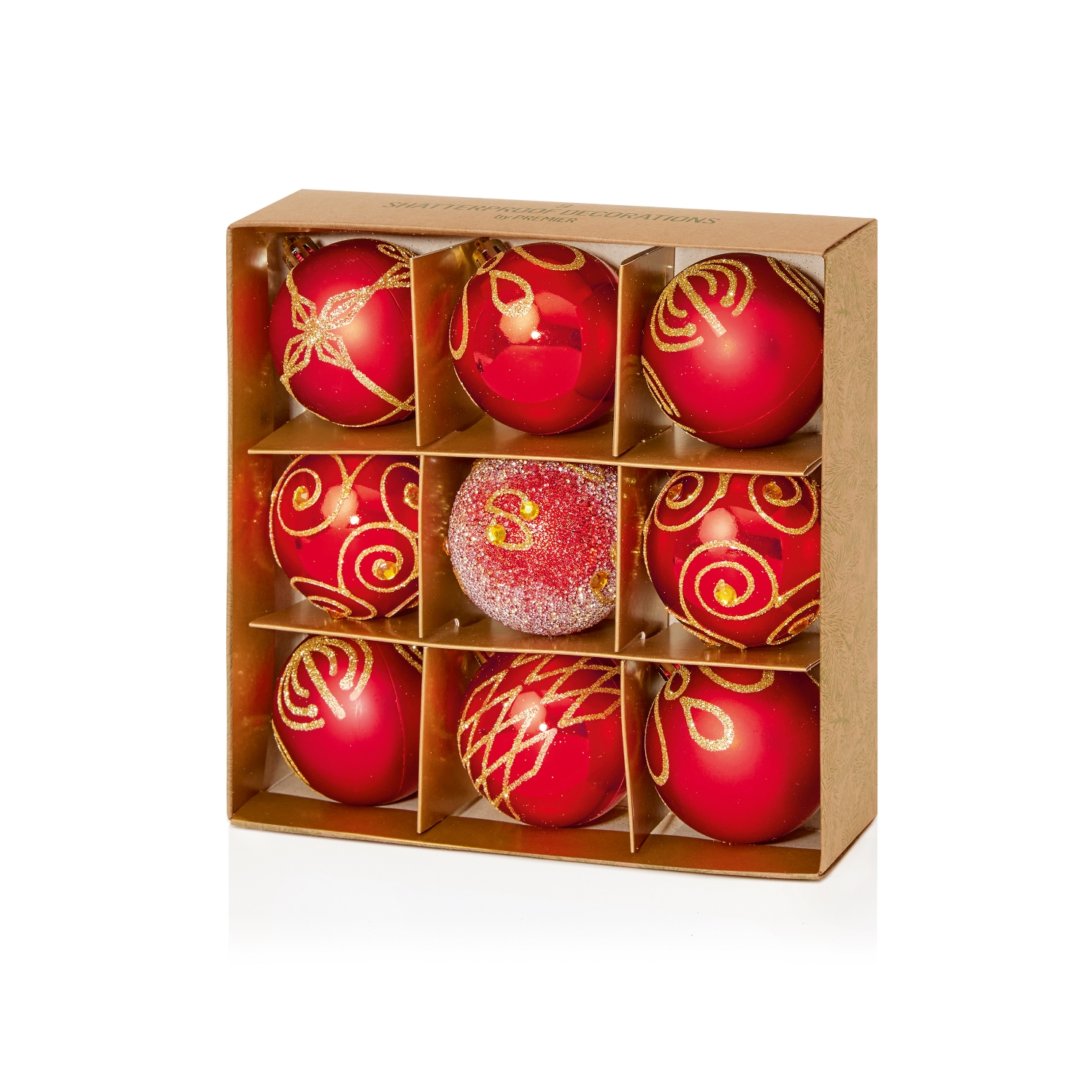 TREE DECORATION,Bauble Red 60mm Multi Finish 9`s