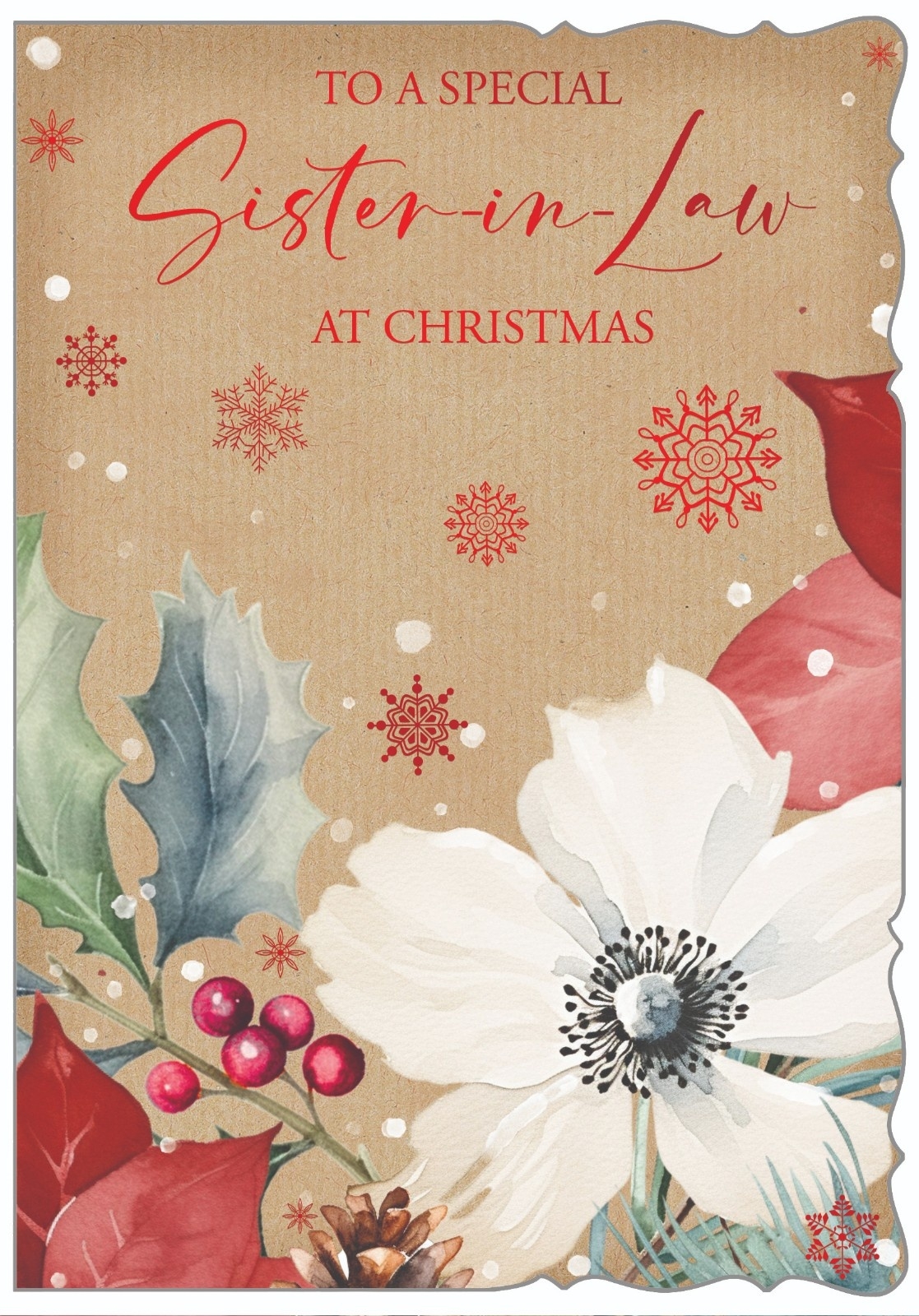XMAS CARDS,Sister in Law, White Pionsettia & Holly [Packs Only]