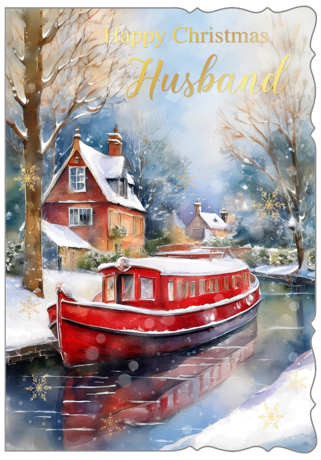 XMAS CARDS,Husband, Snowy Barge on Canal [Packs Only]