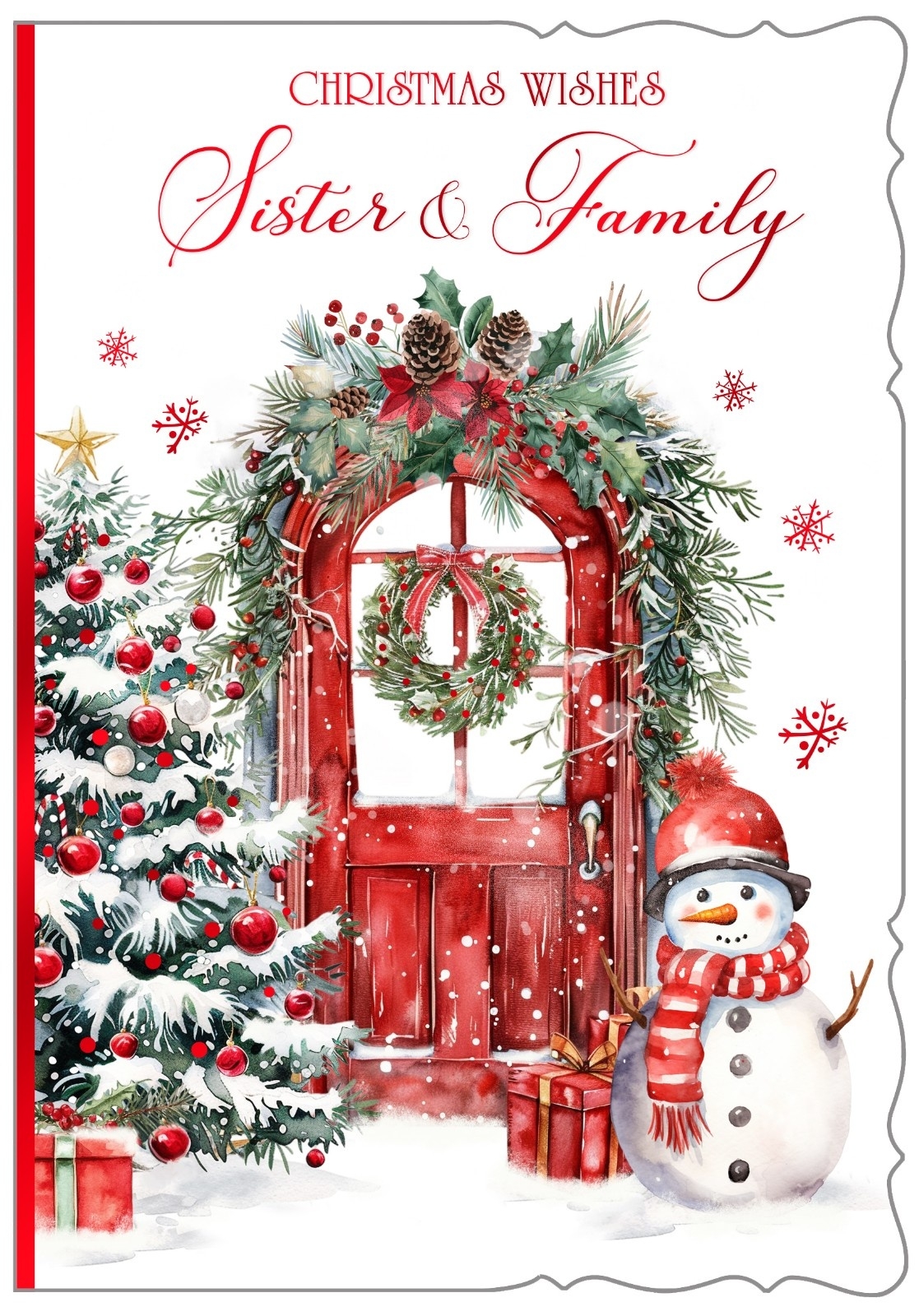 XMAS CARDS,Sister & Family, Decorated Front Door, Tree & Snowman [Packs Only]