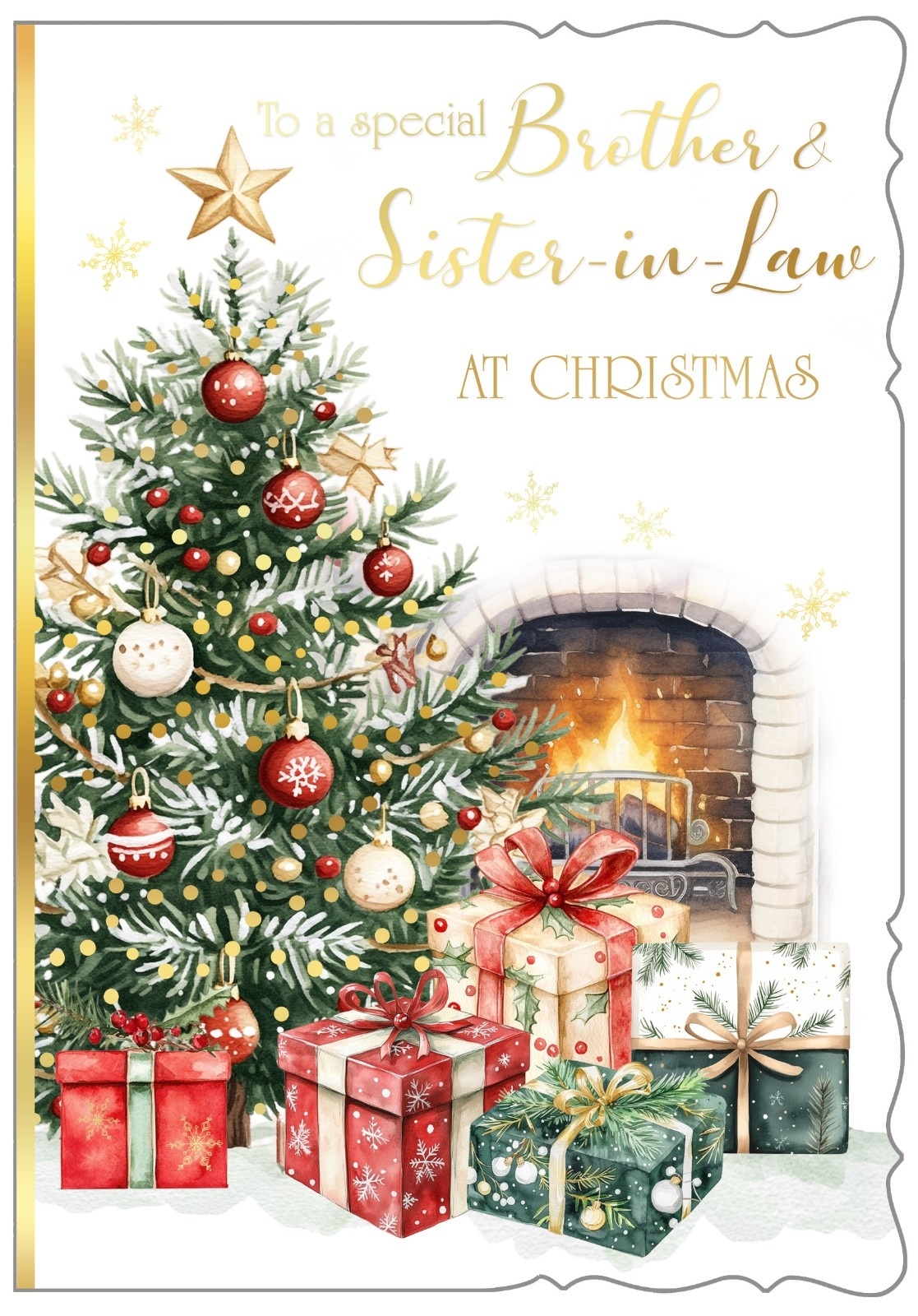 XMAS CARDS,Brother & Sister in Law, Christmas Tree & Presents at the Fireplace [Packs Only]