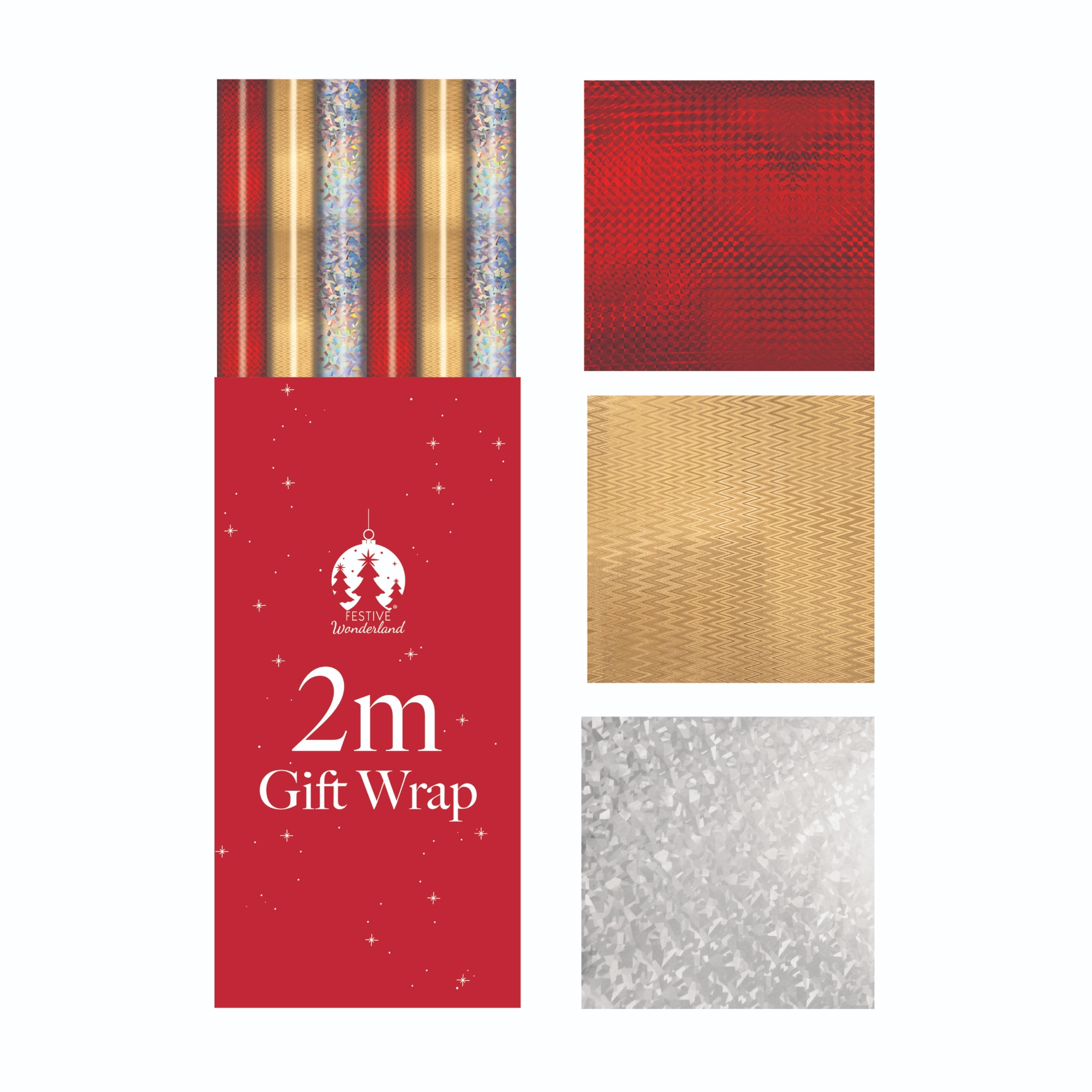 XMAS ROLLWRAP,2m Holographic Red, Gold & Silver FDU [Packs Only]