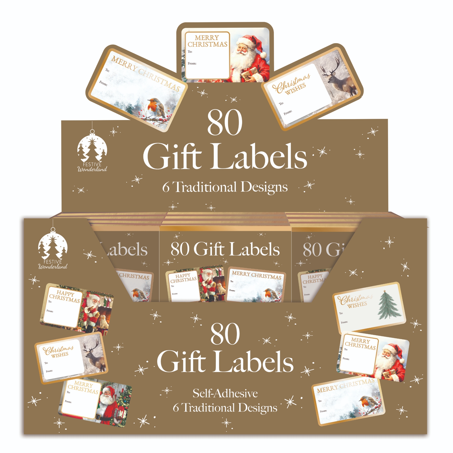 XMAS LABELS,Roll Traditional Gold Foil 80`s Boxed CDU [Splittable]