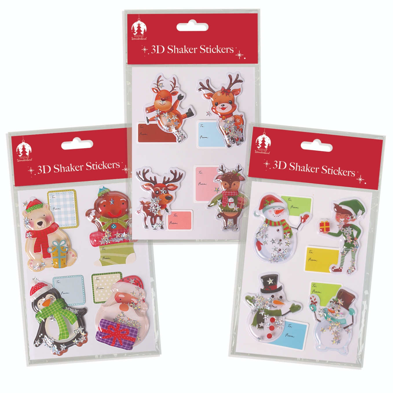 XMAS LABELS,3D Shaker Stickers 12`s H/pk [Packs Only]
