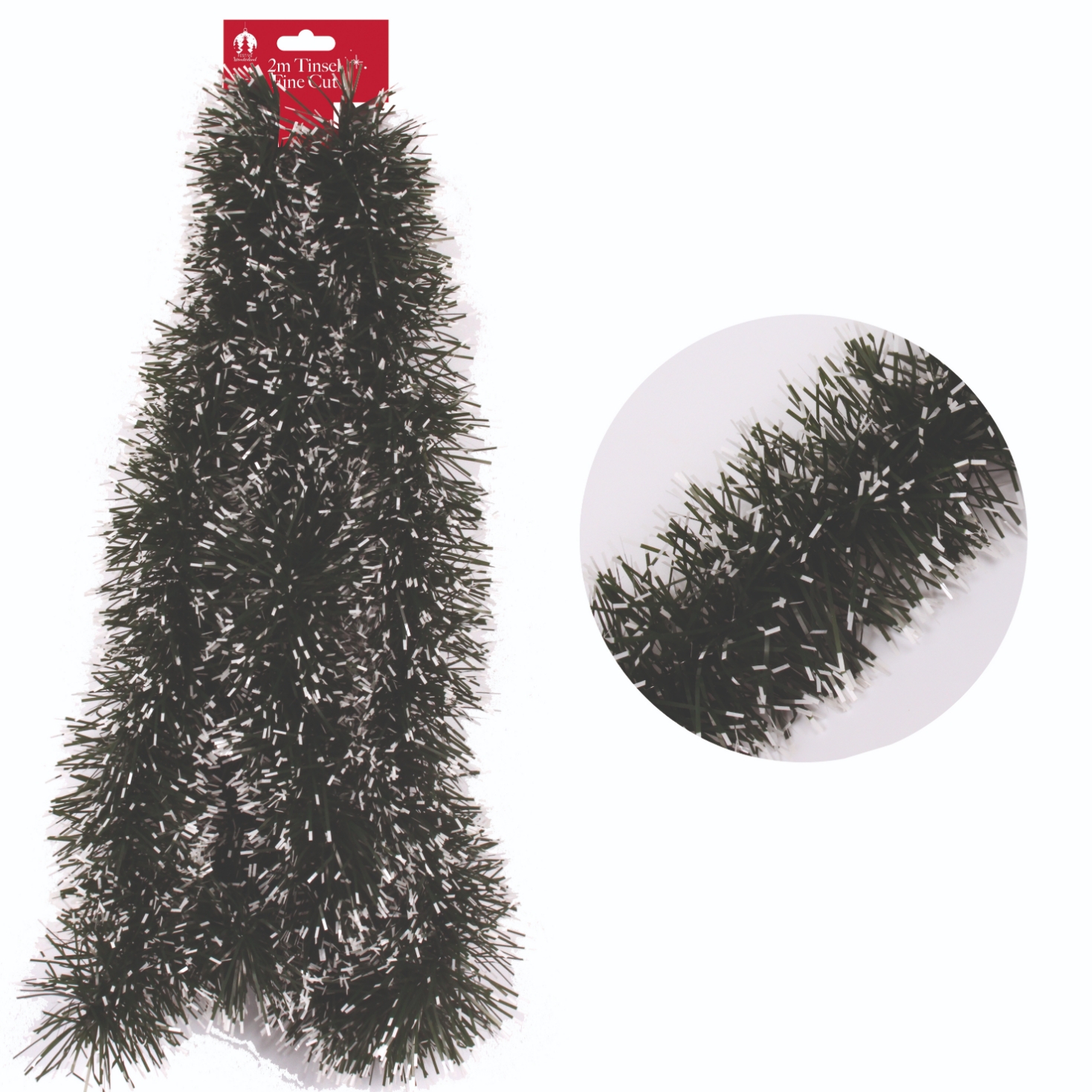 TINSEL,Green Snow Tipped Fine Cut 100mm x 2m [Packs Only]