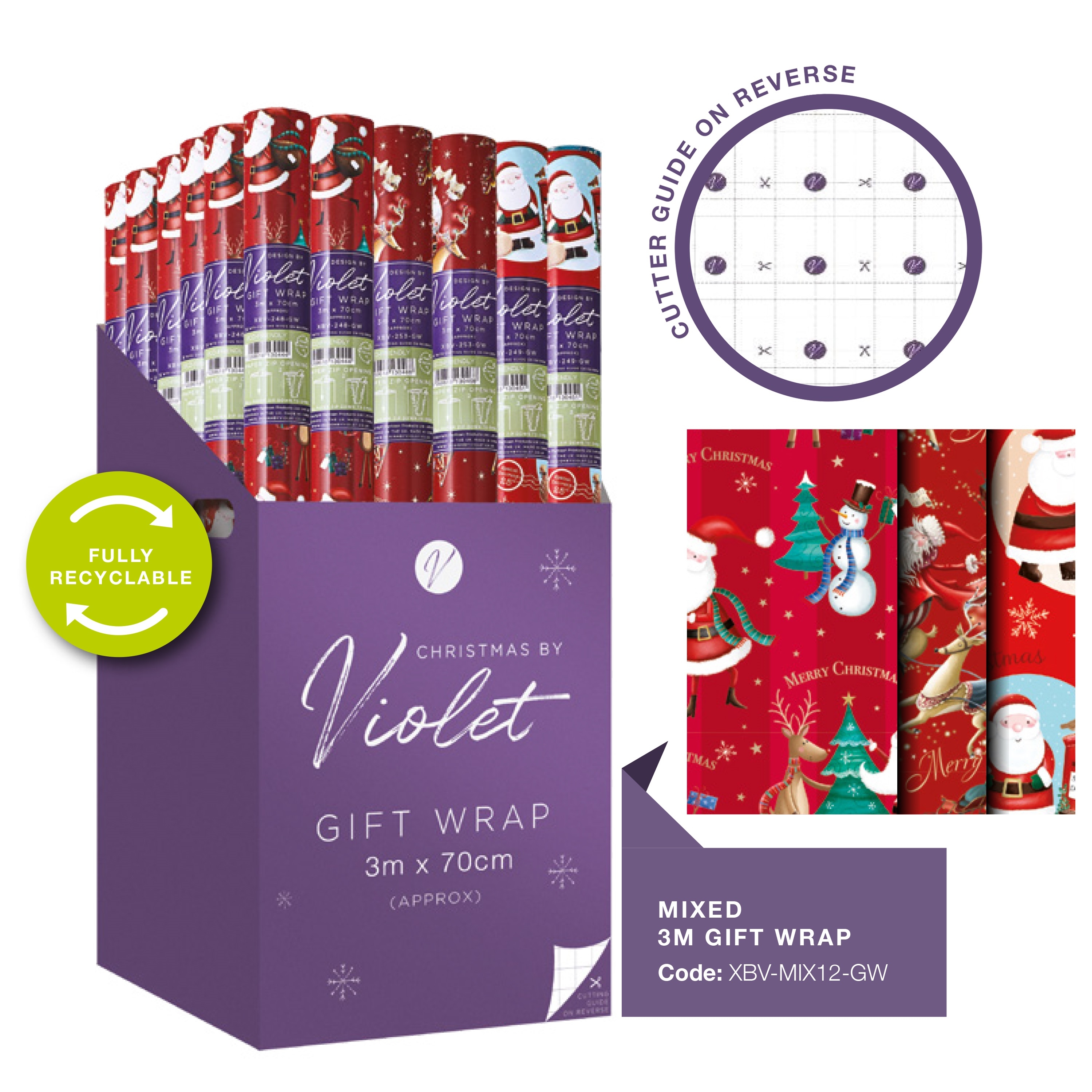 XMAS ROLLWRAP,3m Santa 4 Assorted Designs [Packs Only]