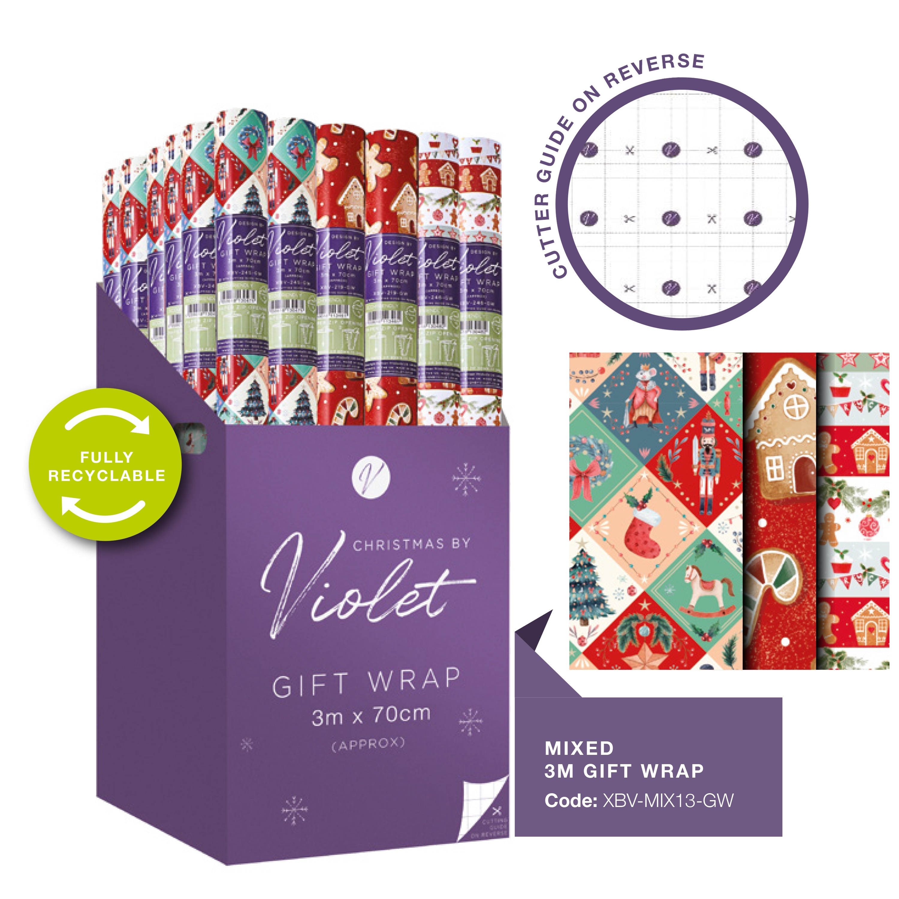 XMAS ROLLWRAP,3m Gingerbread & Nutcracker Assorted [Packs Only]