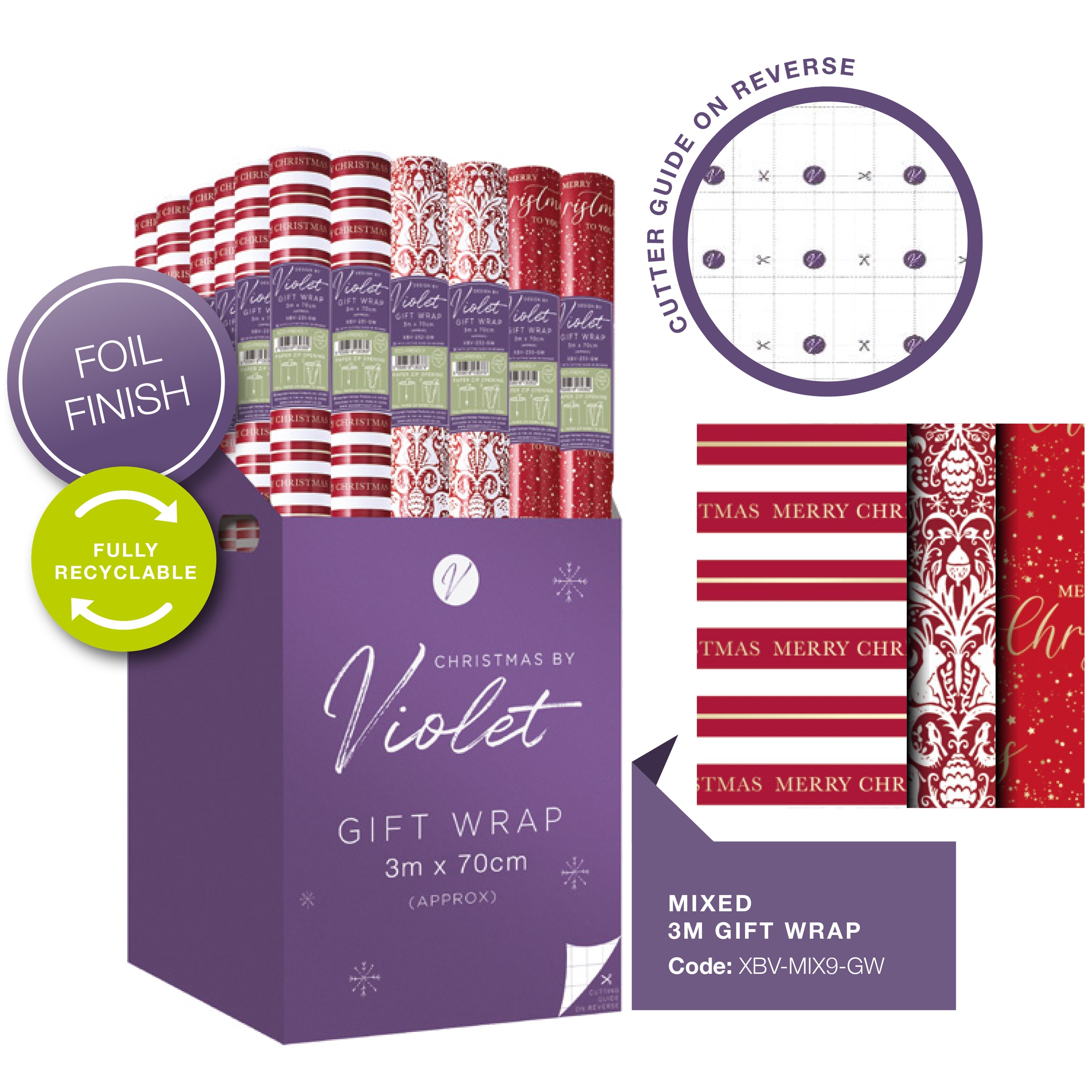 XMAS ROLLWRAP,3m Merry Christmas Red Assorted [Packs Only]