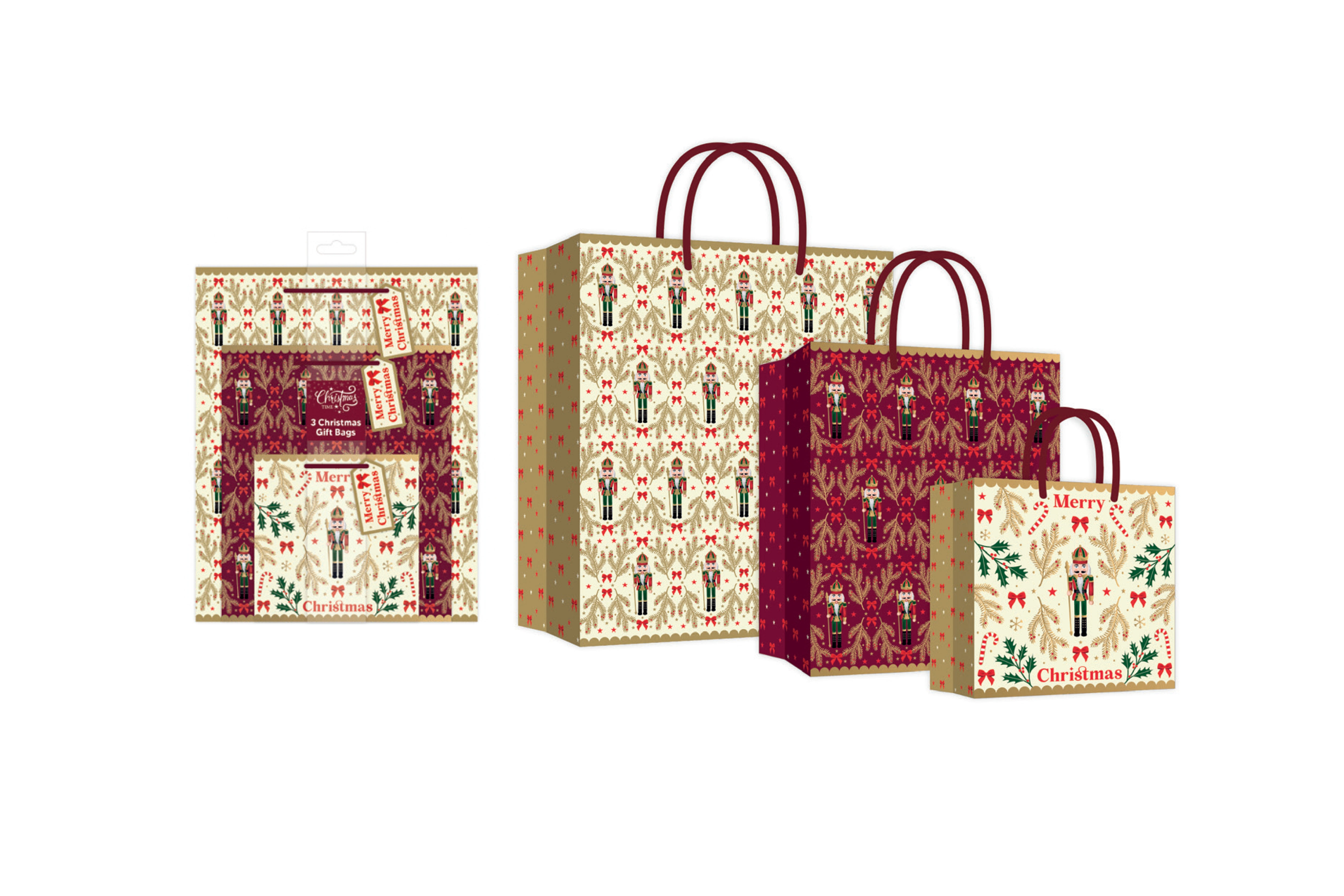 GIFT BAGS,Burgundy Nutcrackers (Large, Medium & Small) 3`s [Splittable]