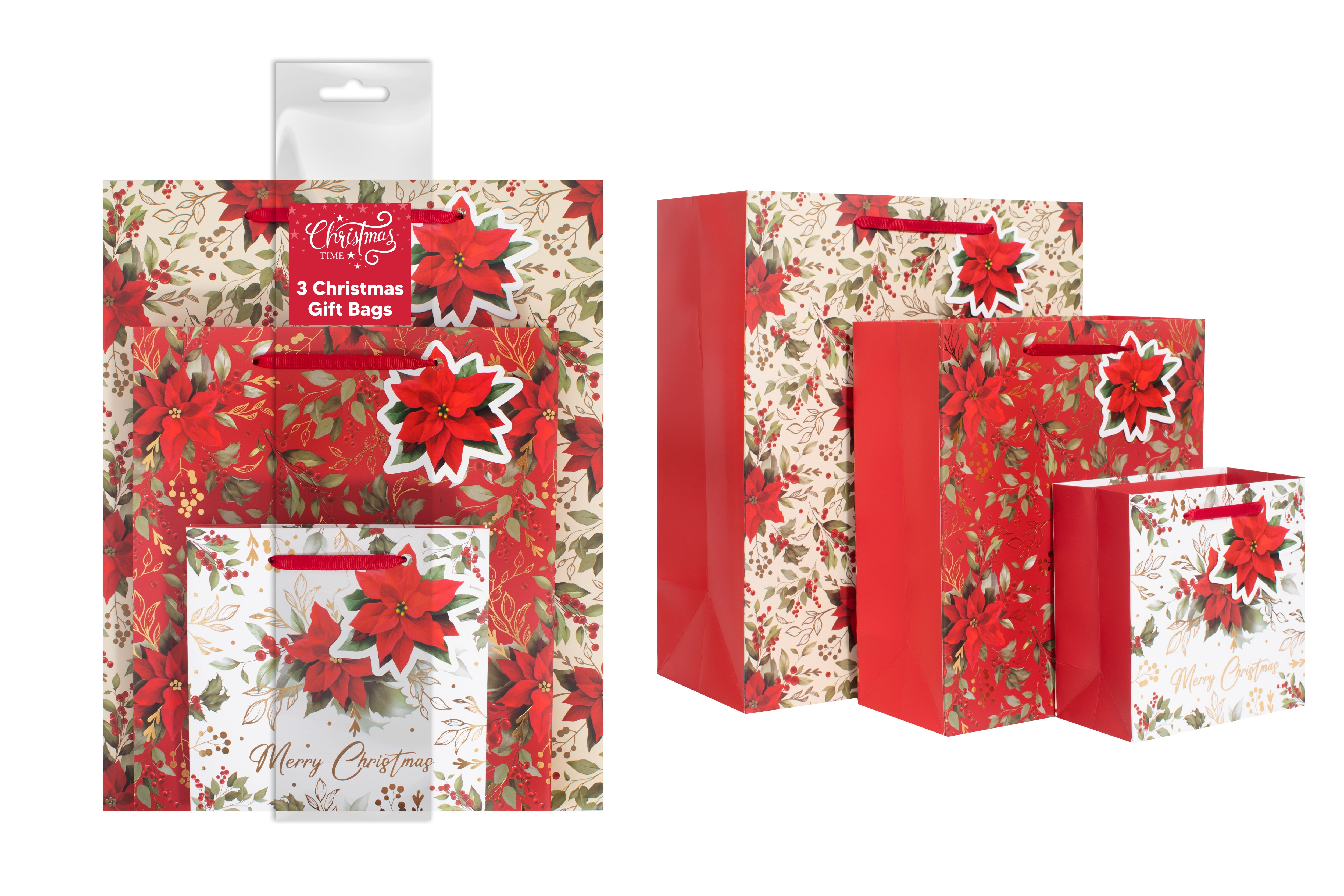 GIFT BAGS,Red Poinsettia (Large, Medium & Small) 3`s [Splittable]