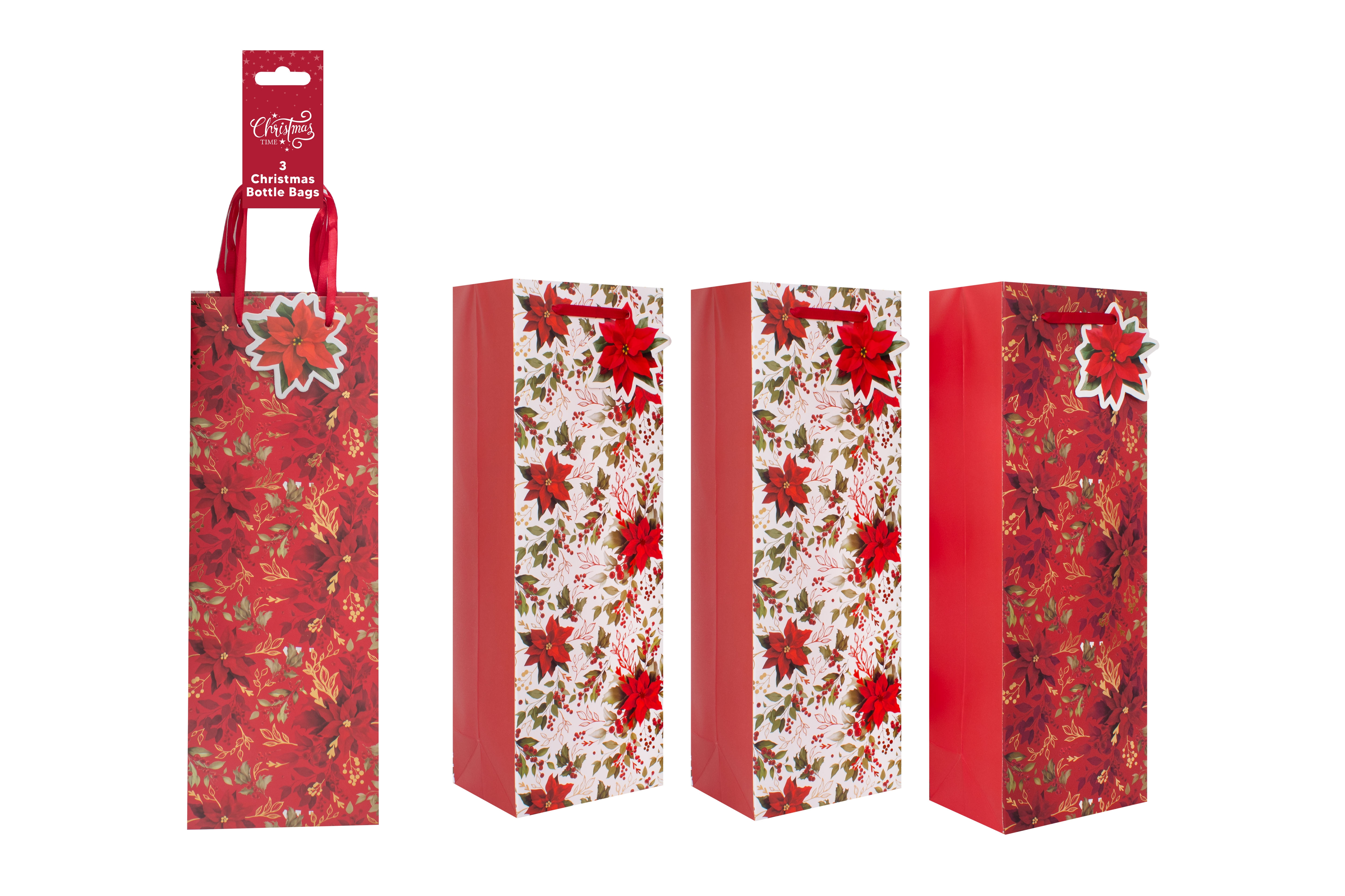 GIFT BAGS,Red Poinsettia (Bottle) 3`s [Splittable]