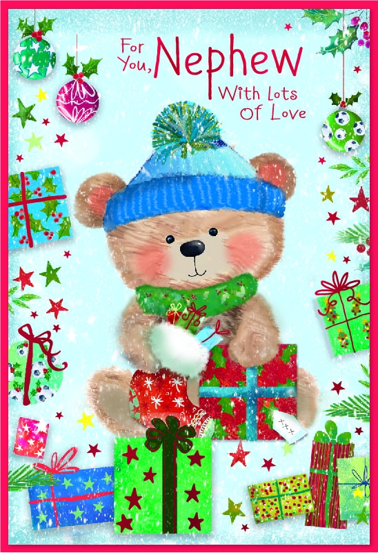 XMAS CARDS,Nephew, Bear in Blue Hat & Presents [Packs Only]