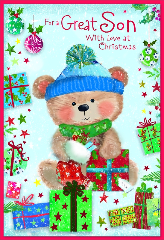 XMAS CARDS,Son, Bear in Blue Hat & Presents [Packs Only]