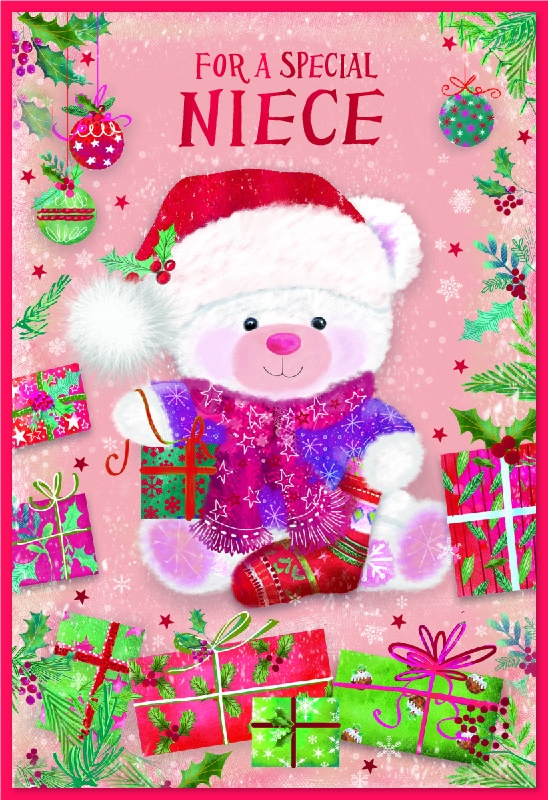XMAS CARDS,Niece, Bear in Red Santa Hat & Presents [Packs Only]