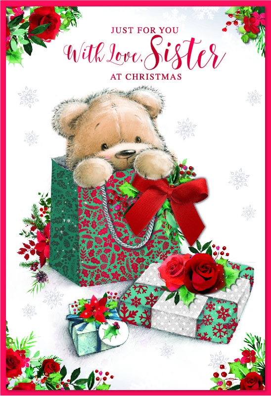 XMAS CARDS,Sister, Teddy in Gift Bag with Presents [Packs Only]