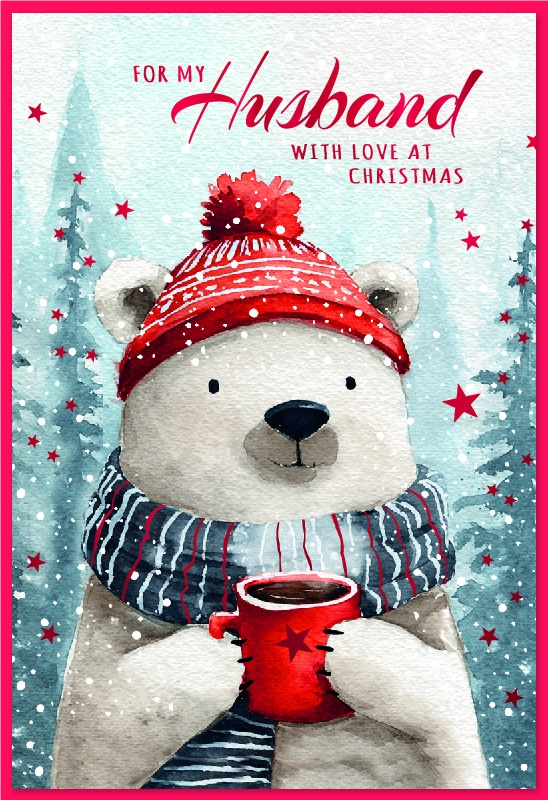 XMAS CARDS,Husband, Polar Bear with Coffee, Hat & Scarf [Packs Only]