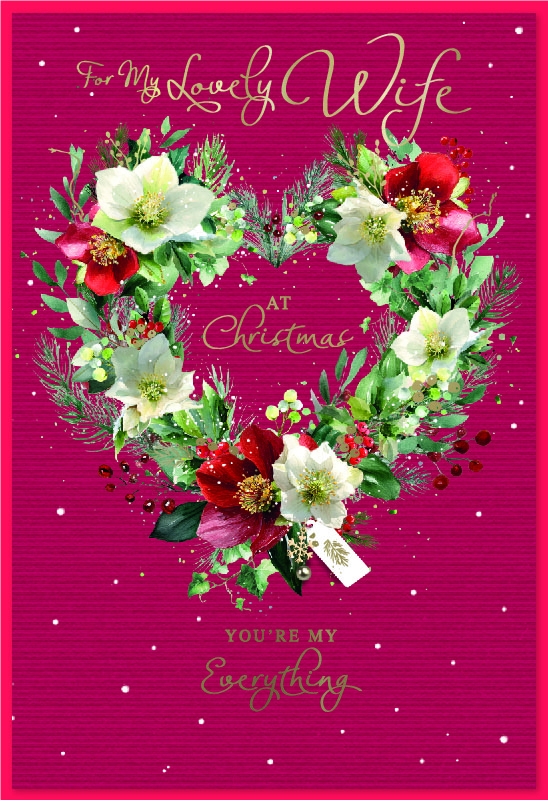XMAS CARDS,Wife, Poinsettia Heart Wreath [Packs Only]
