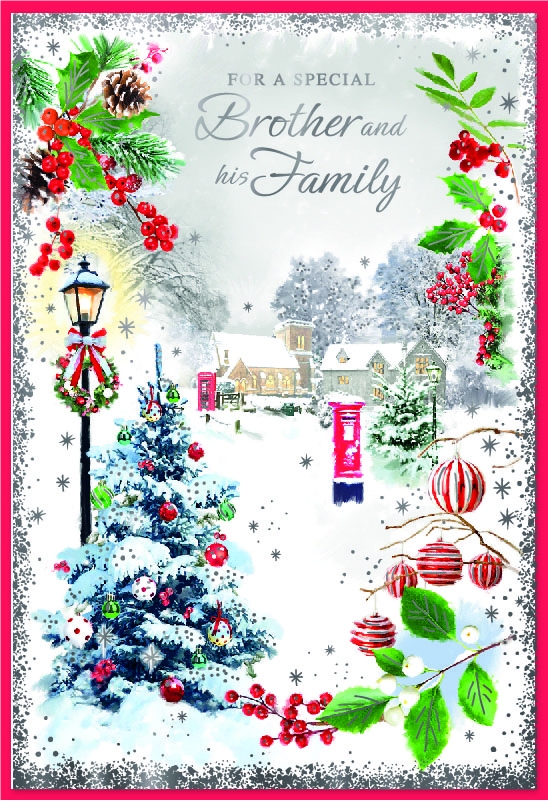 XMAS CARDS,Brother & Family, Snowy Village, Holly & Baubles [Packs Only]
