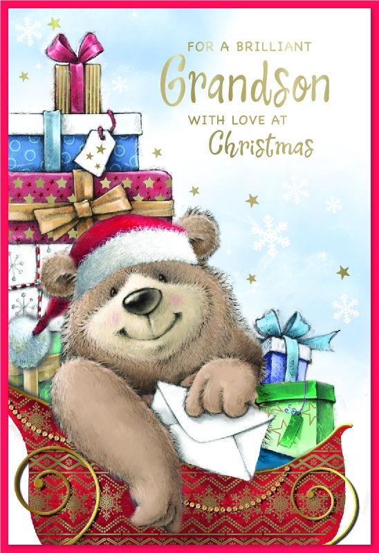 XMAS CARDS,Grandson, Bear in Sleigh with Presents [Packs Only]