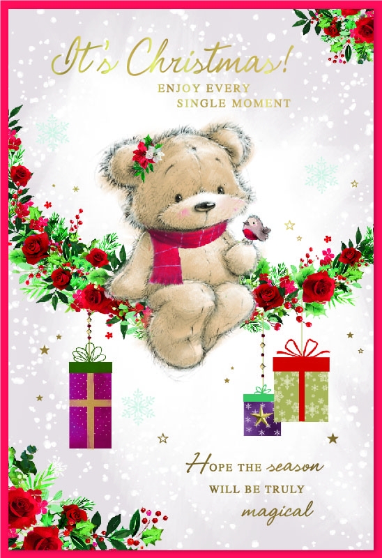 XMAS CARDS,Open, Teddy on Poinsettia Wreath & Presents [Packs Only]