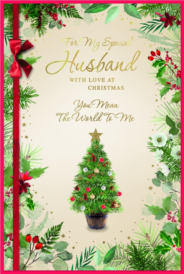 XMAS CARDS,Husband, Christmas Tree with Foliage Border [Packs Only]