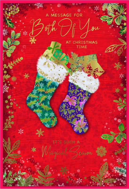 XMAS CARDS,To Both, Stockings with Foliage Border [Packs Only]