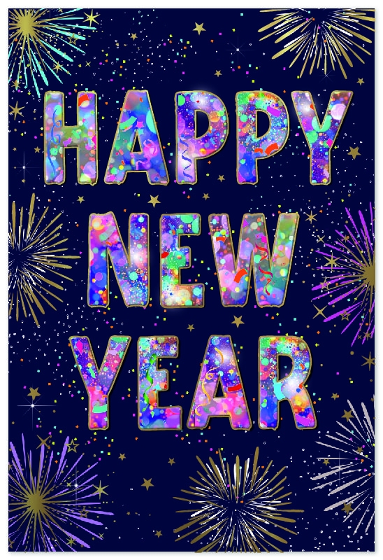 XMAS CARDS,New Year, Multicoloured Text & Fireworks [Packs Only]