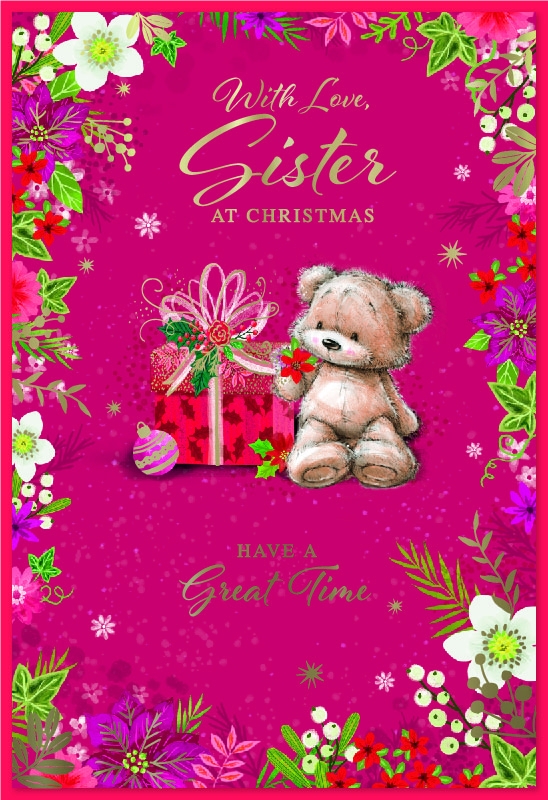 XMAS CARDS,Sister, Teddy with Present & Floral Border [Packs Only]
