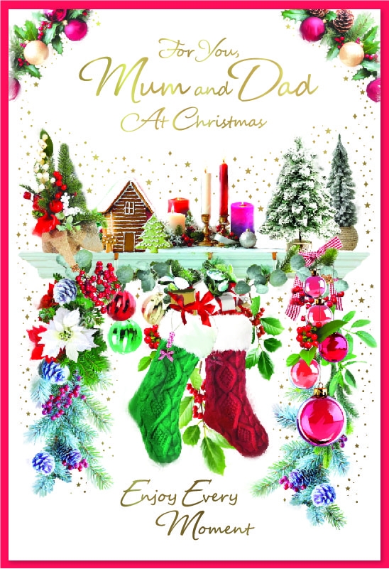 XMAS CARDS,Mum & Dad, Decorated Mantlepiece [Packs Only]