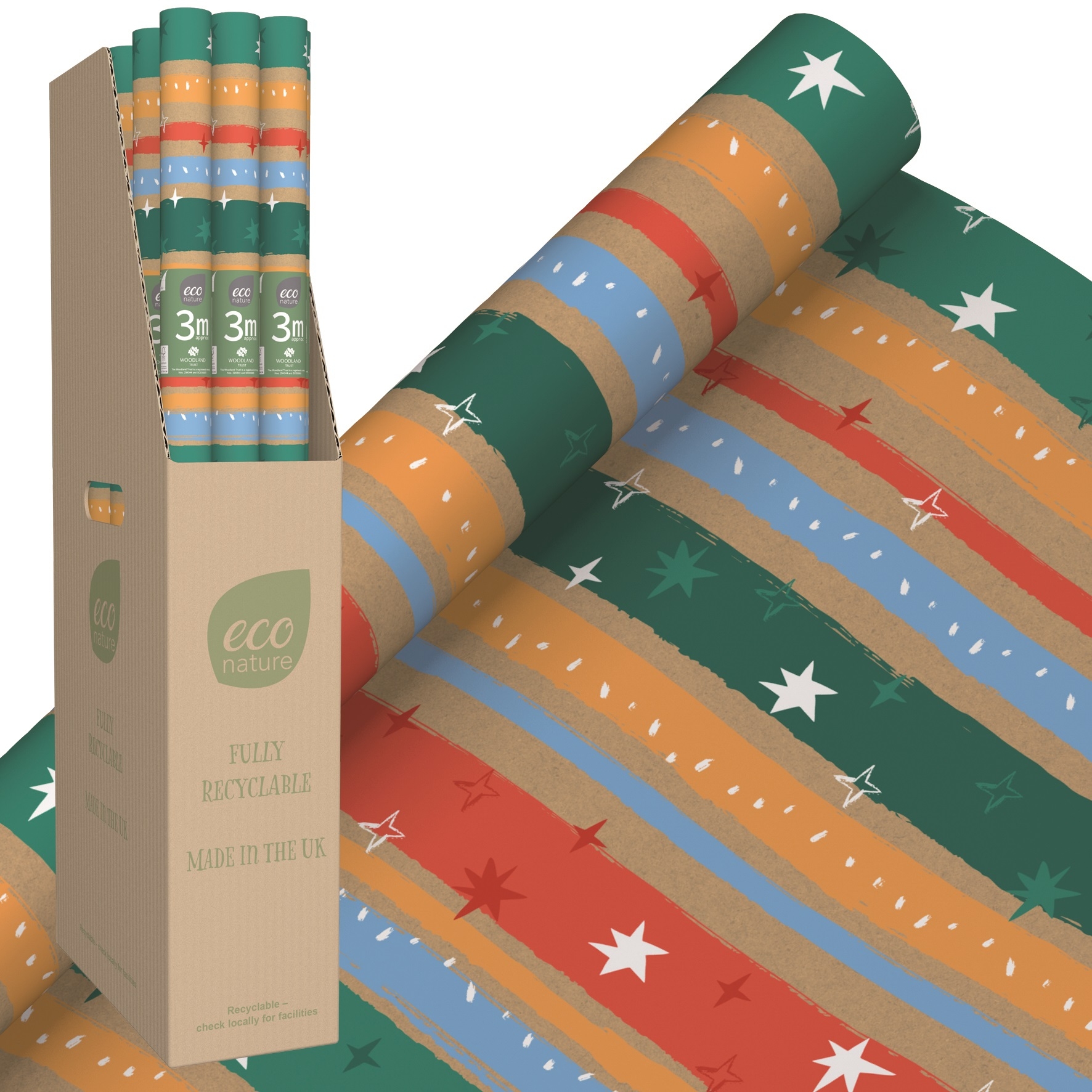 ROLLWRAP,3m, Eco Nature Stripe and Star Design [Packs Only]