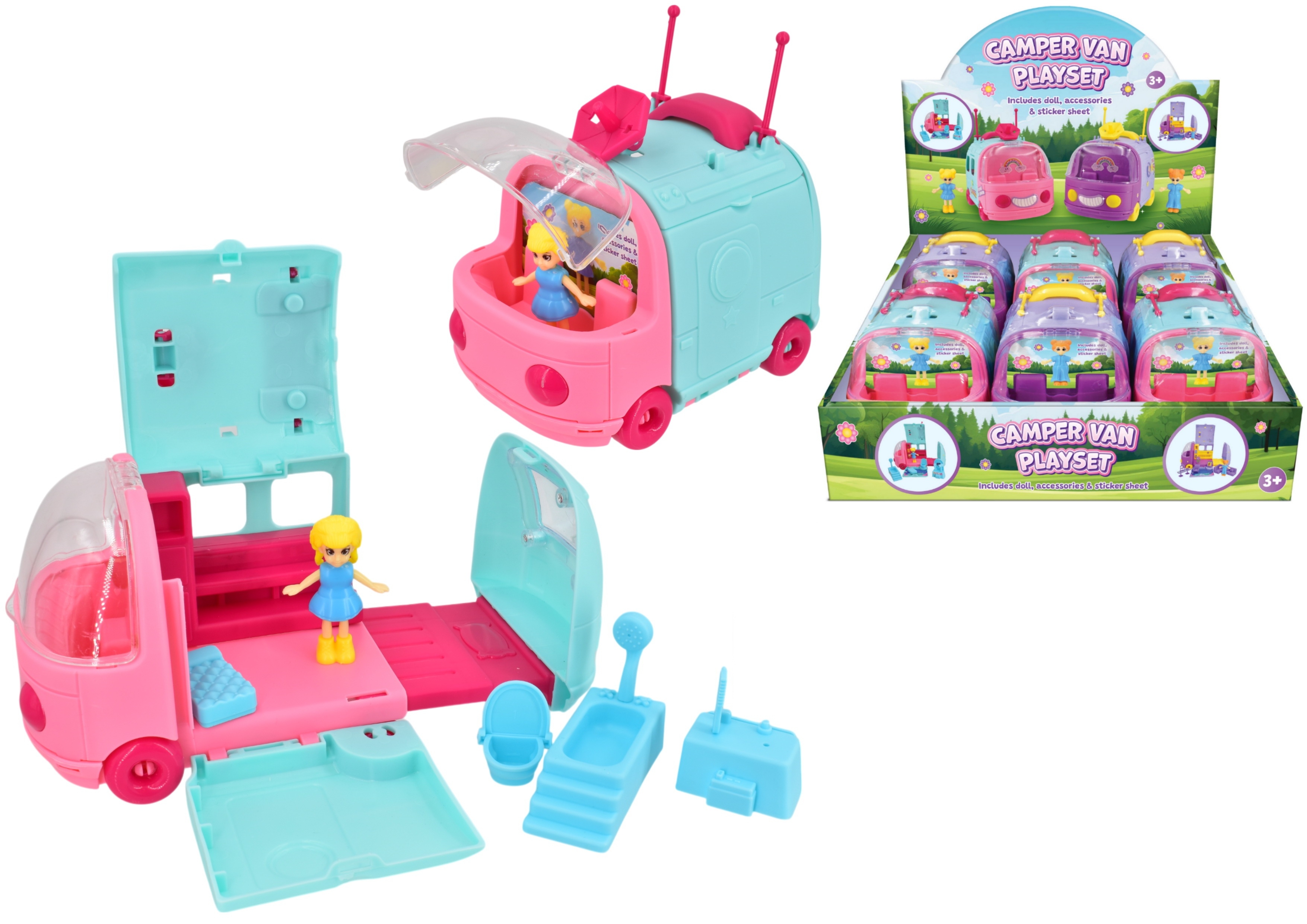 CAMPER VAN PLAYSET,Includes Doll, Accessories & Stickers. 2 Assorted 15x10x11cm [Splittable]